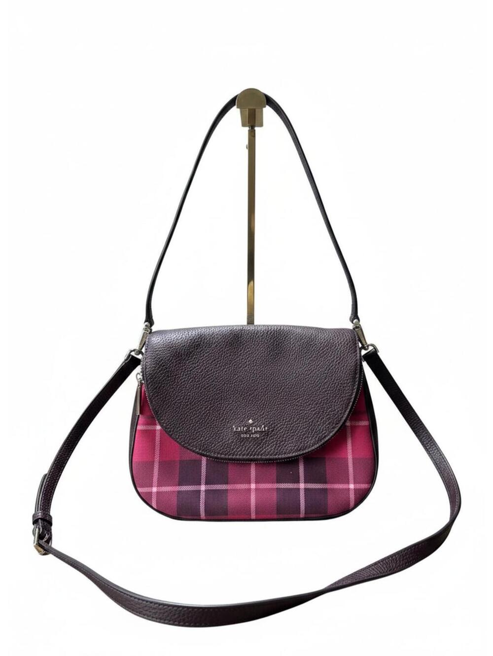 Kate Spade Crossbody Bag with Pink Plaid Pattern and Brown P